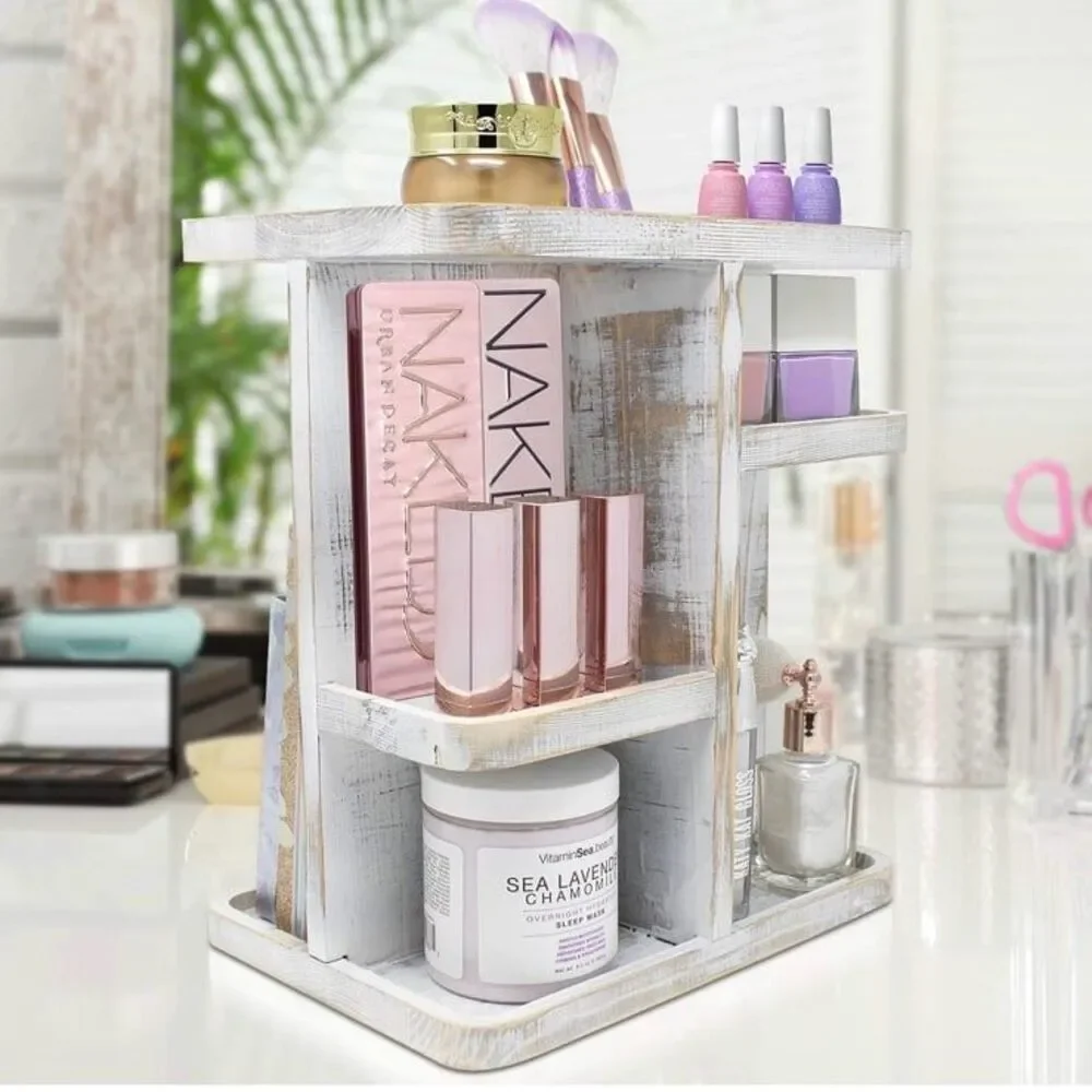 Rotating Organizer Vanity for Bathroom & Kitchen Wood Lazy Suzan for Organizing